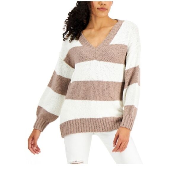 New Hippie Rose Juniors V-Neck Tunic Sweaters brown/white size M - Picture 3 of 3